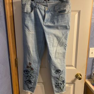 MsShe straight leg high waist ankle denim jeans with floral stitching